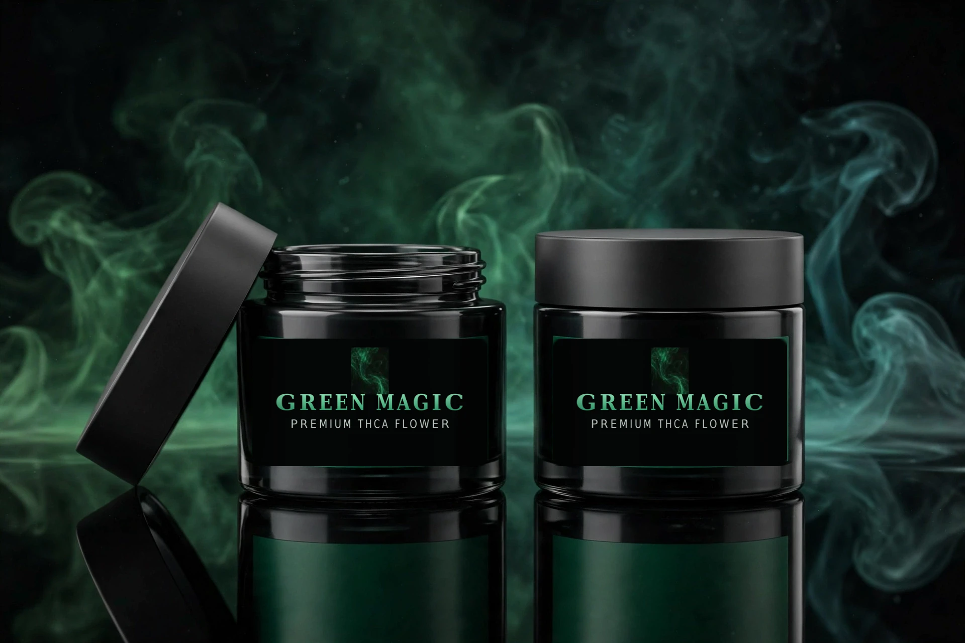 Green Magic branded jars of premium hemp flower