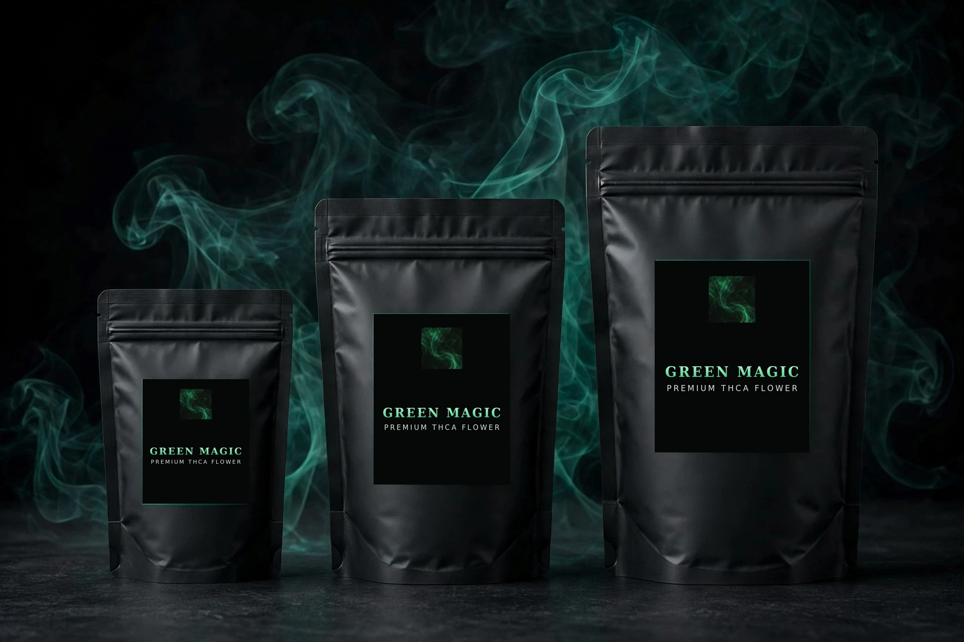 Green Magic branded pouches in three sizes